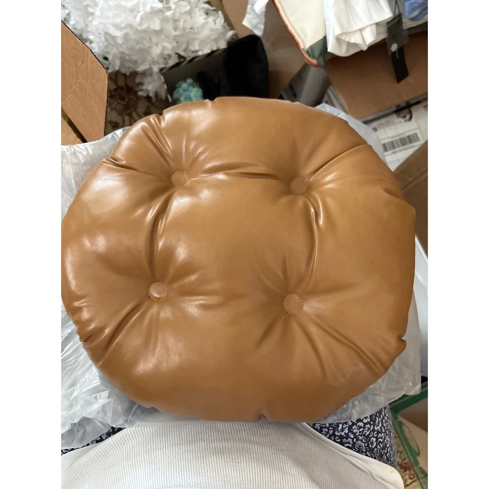 Tan Faux Leather Round Bar Stool Cover Tufted Button Elastic Slipcover Brown